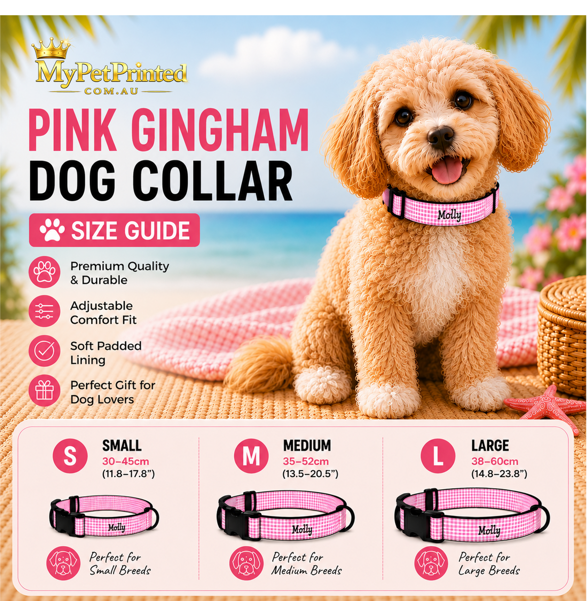 Personalised Pet Collar – Baby Pink Gingham (Pet Name)