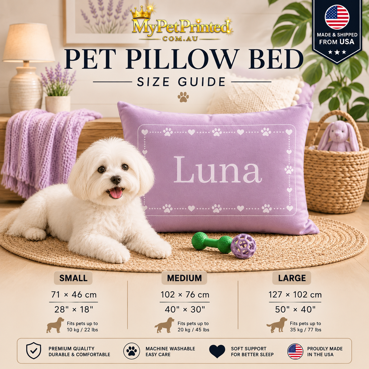 Personalised Pet Bed (Dog or Cat) with Name – Custom Pet Bed (Pink with White Paw & Heart Border Design)
