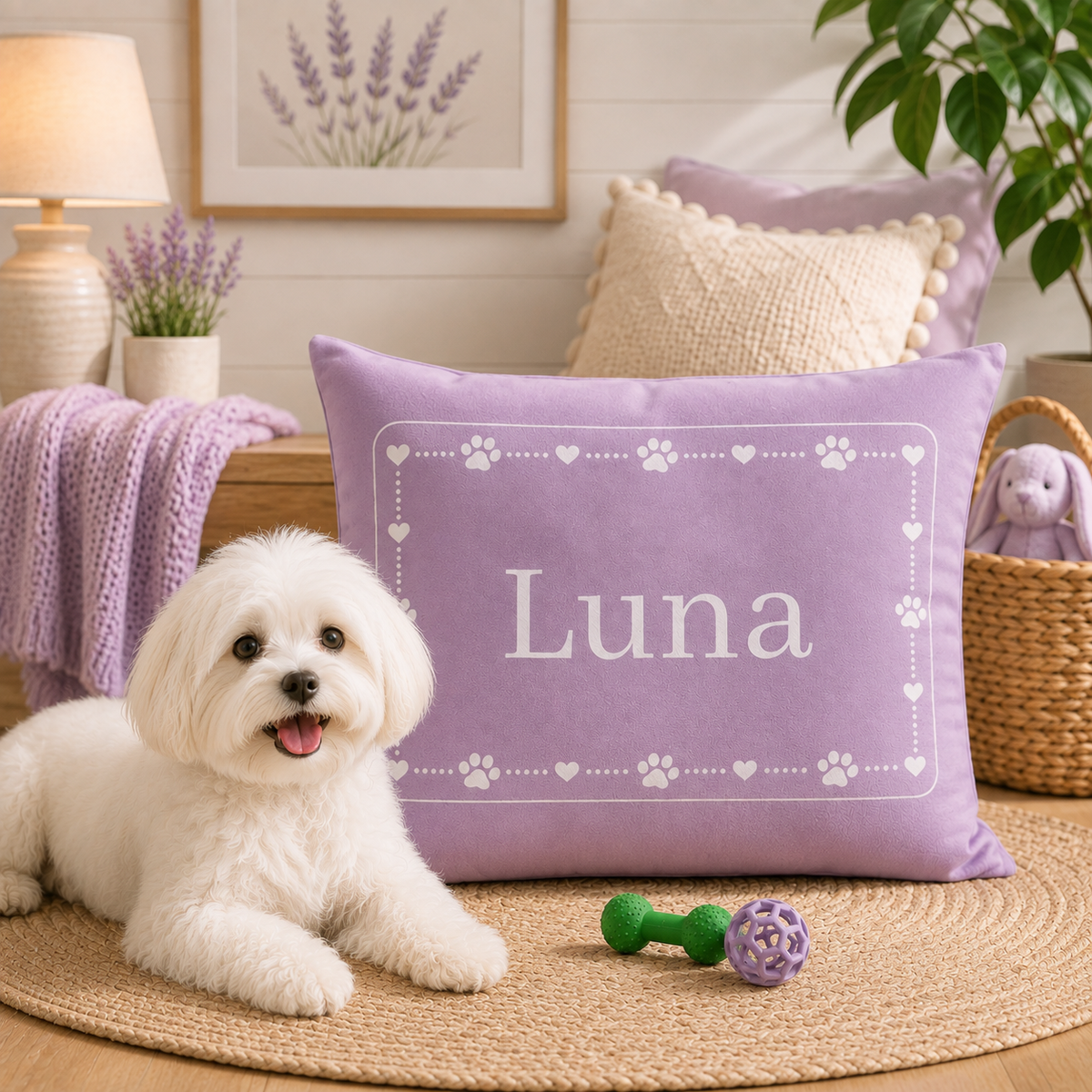 Personalised Pet Bed (Dog or Cat) with Name – Custom Pet Bed (Pink with White Paw & Heart Border Design)