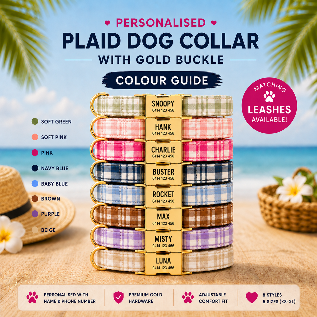 Personalised Plaid Dog Collar with Gold Buckle & Matching Leash (Pet Name & Phone)