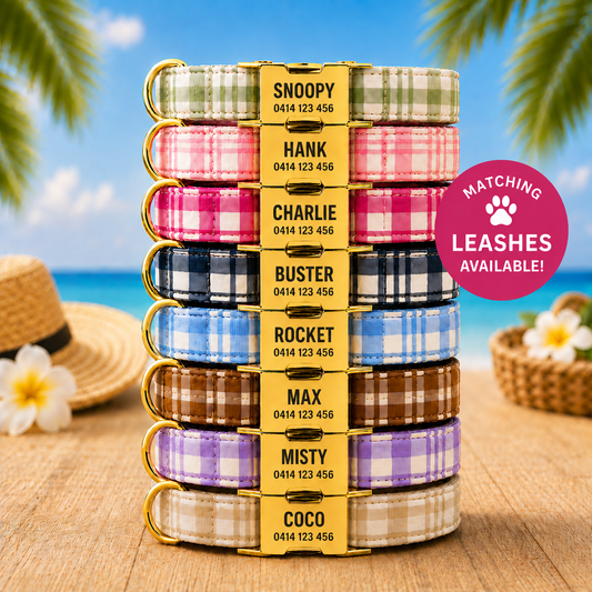 Personalised Plaid Dog Collar with Gold Buckle & Matching Leash (Pet Name & Phone)