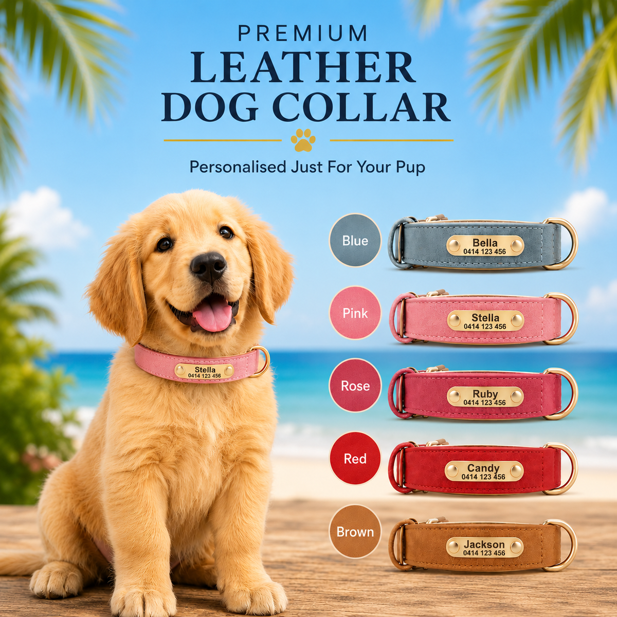 Personalised Premium Pastel Leather Pet Collar (Pet Name & Phone)