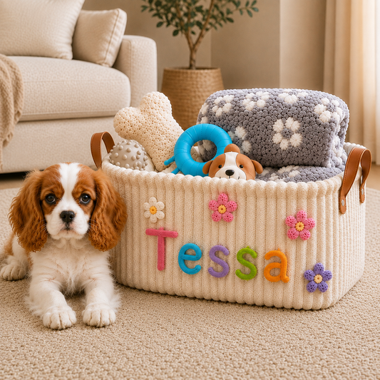 Personalised Pet Basket with Crochet Flowers (Pet's Name)