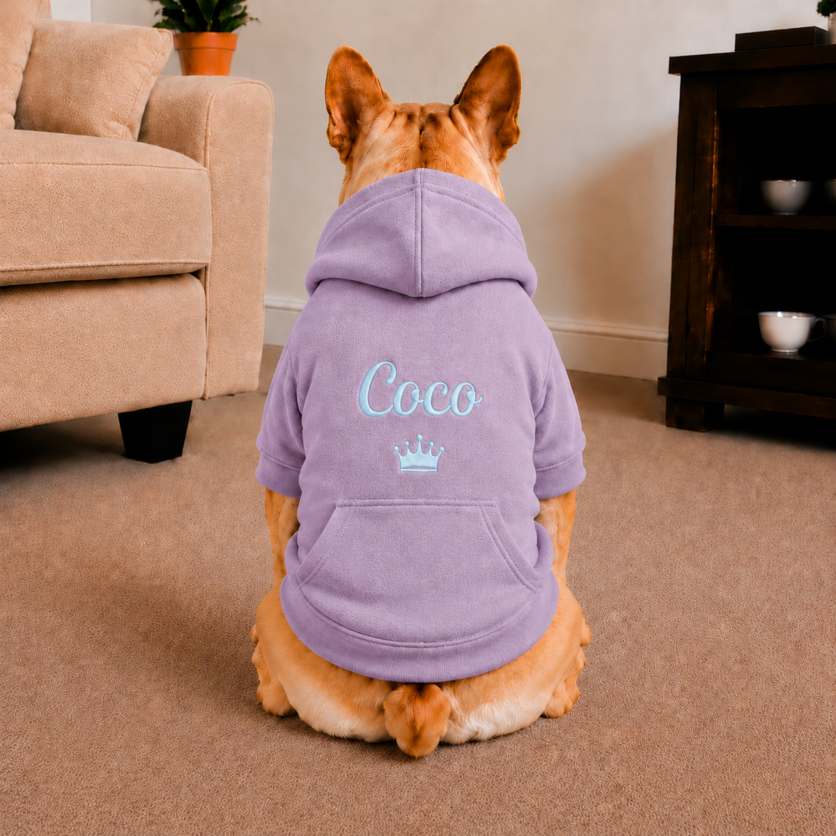 Pet Hoodie with Personalised Embroidery (Baby Blue Name & Crown)