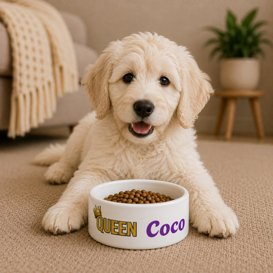 QUEEN Personalised Pet Bowl – White Queen Range Ceramic Bowl (Pet Name)