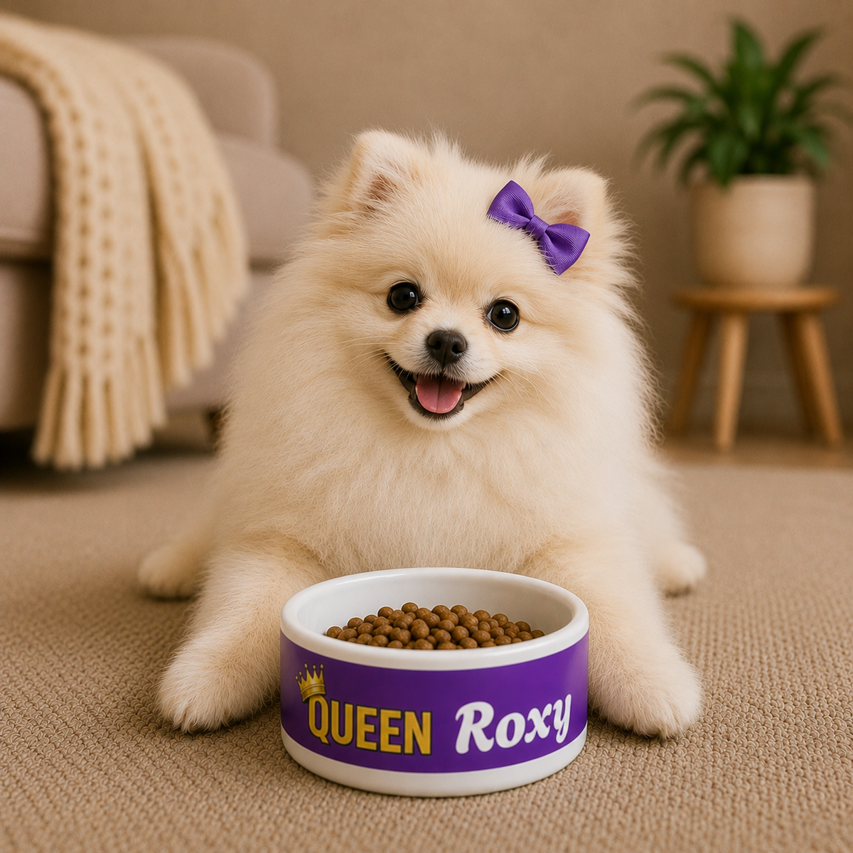 QUEEN Personalised Pet Bowl – Pink & White Ceramic Bowl (Pet Name)