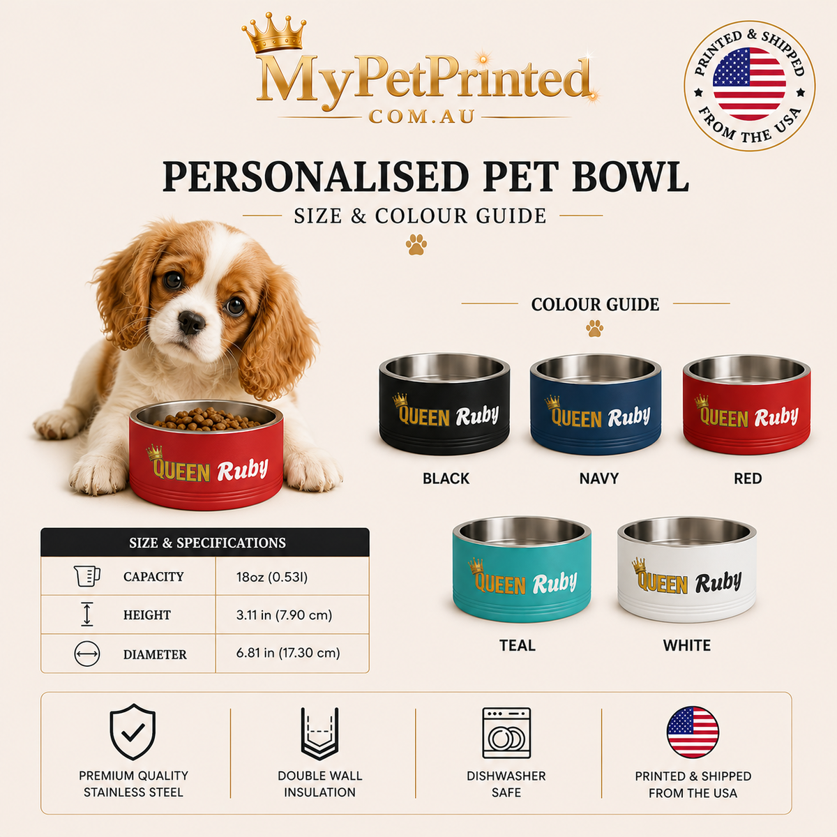 QUEEN Personalised Pet Bowl – Queen Range Stainless Steel Dog & Cat Bowl (Pet Name)