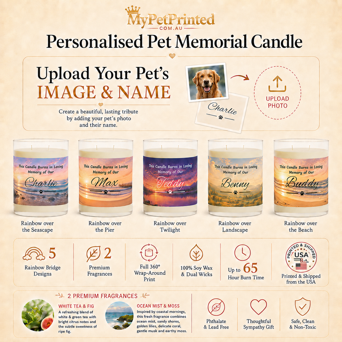 Rainbow Over the Seascape – Personalised Pet Memorial Candle - Black Text (Pet Photo & Name)