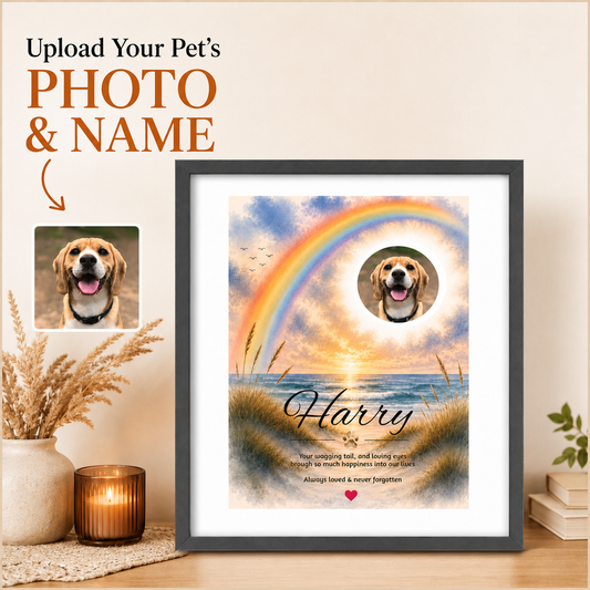 Rainbow Bridge over the Beach - Personalised Framed Pet Memorial Print (Pet Photo & Name)