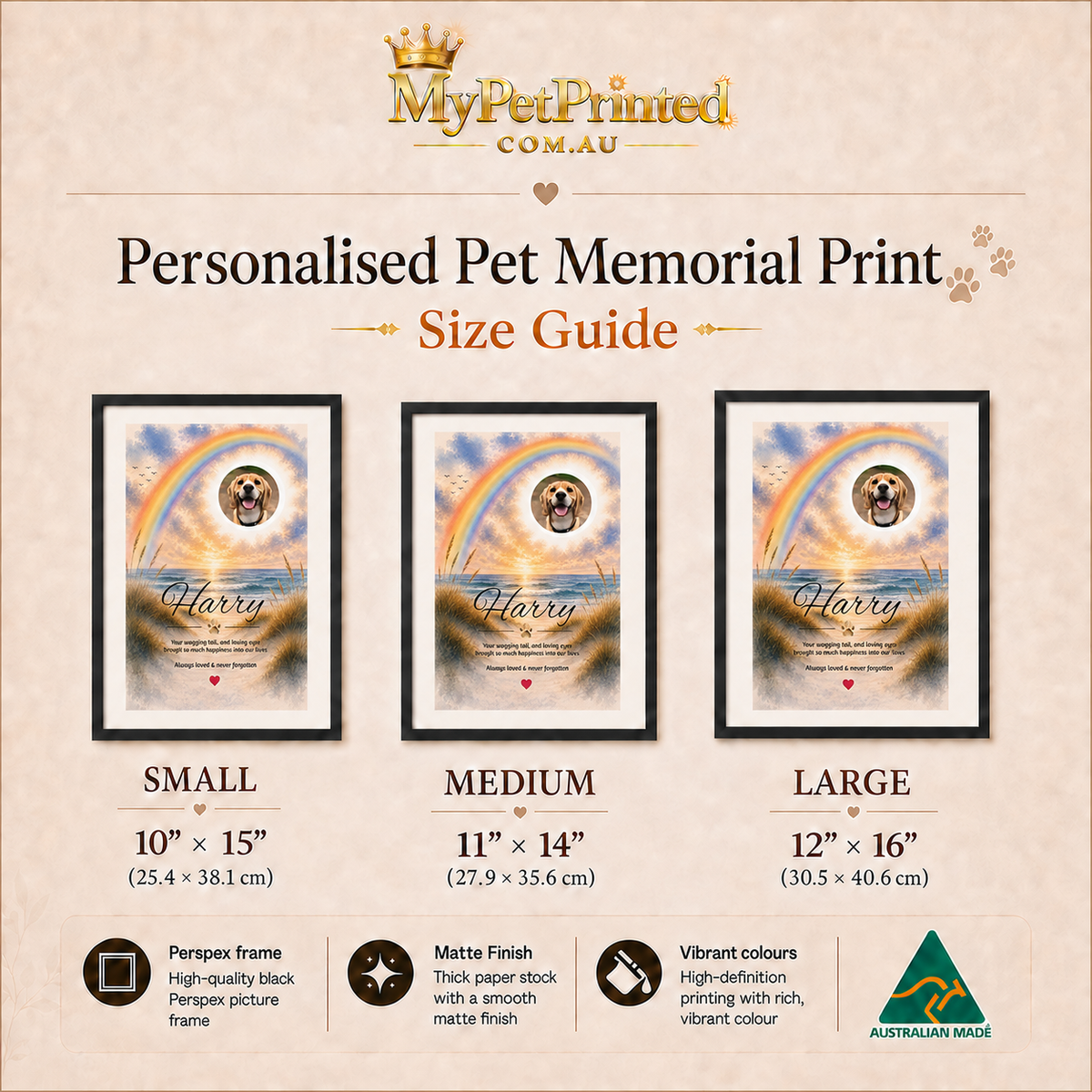 Rainbow Bridge over the Beach - Personalised Framed Pet Memorial Print (Pet Photo & Name)