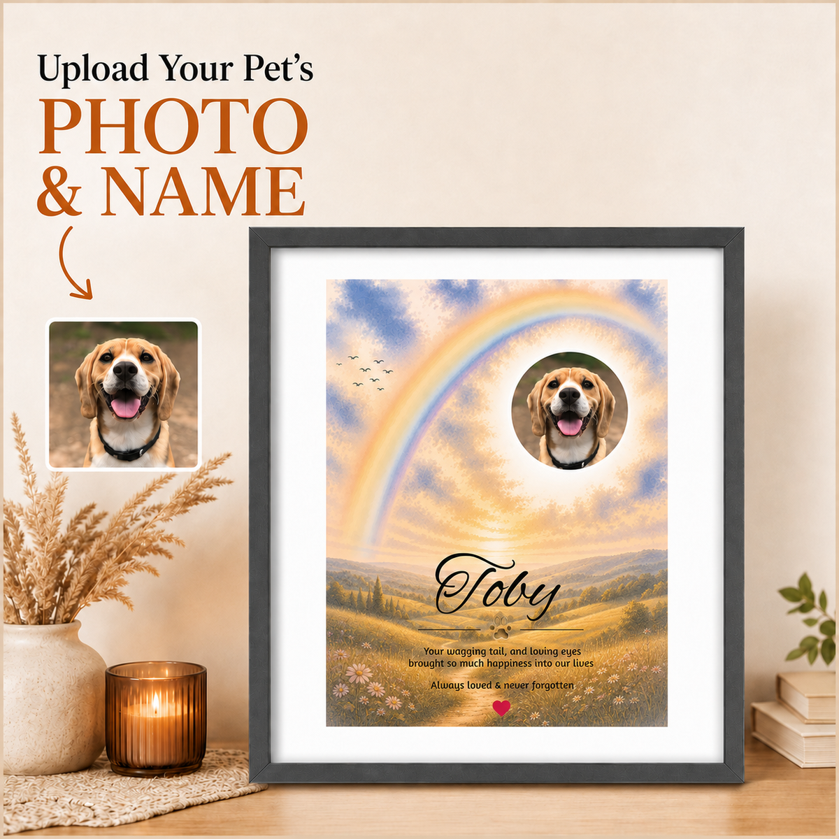Rainbow Bridge over the Hills - Personalised Framed Pet Memorial Print (Pet Photo & Name)