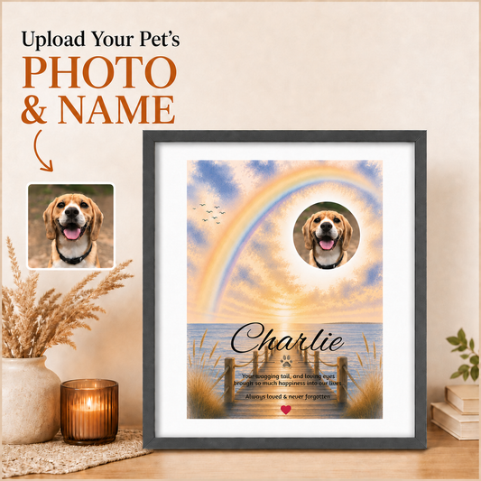 Rainbow Bridge over the Pier - Personalised Framed Pet Memorial Print (Pet Photo & Name)