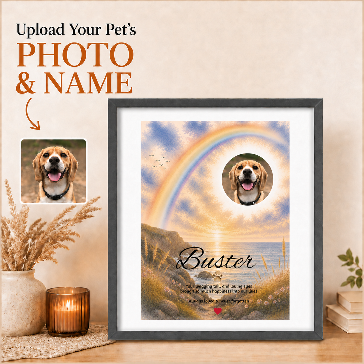 Rainbow Bridge over the Seascape - Personalised Framed Pet Memorial Print (Pet Photo & Name)