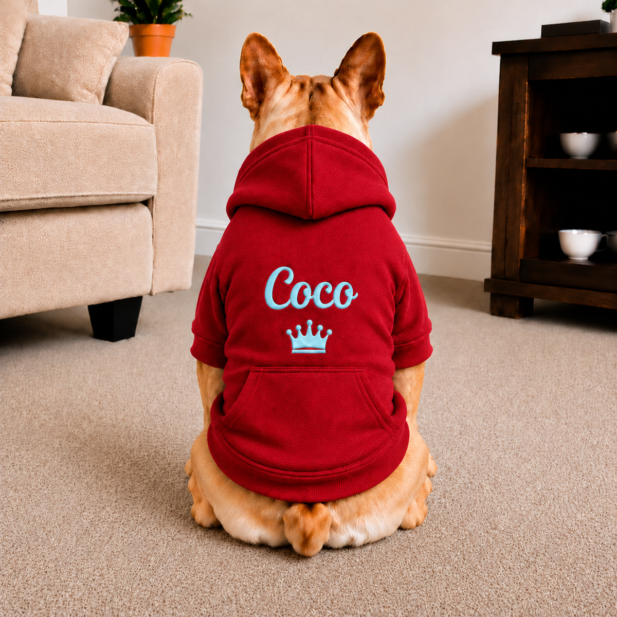 Pet Hoodie with Personalised Embroidery (Baby Blue Name & Crown)