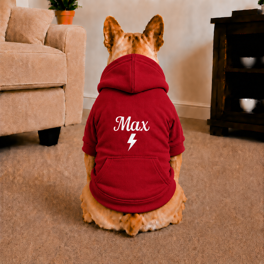 Pet Hoodie with Personalised Embroidery (White Name & Thunder Bolt)