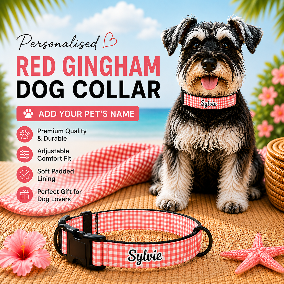 Personalised Pet Collar – Red Gingham (Pet Name)