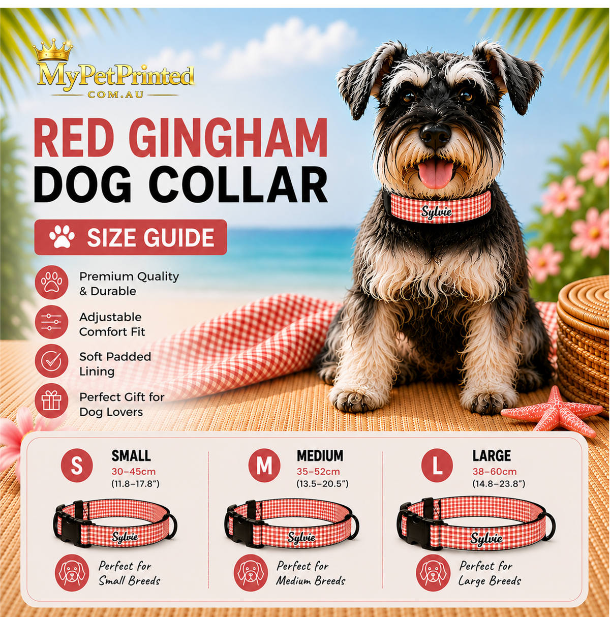 Personalised Pet Collar – Red Gingham (Pet Name)