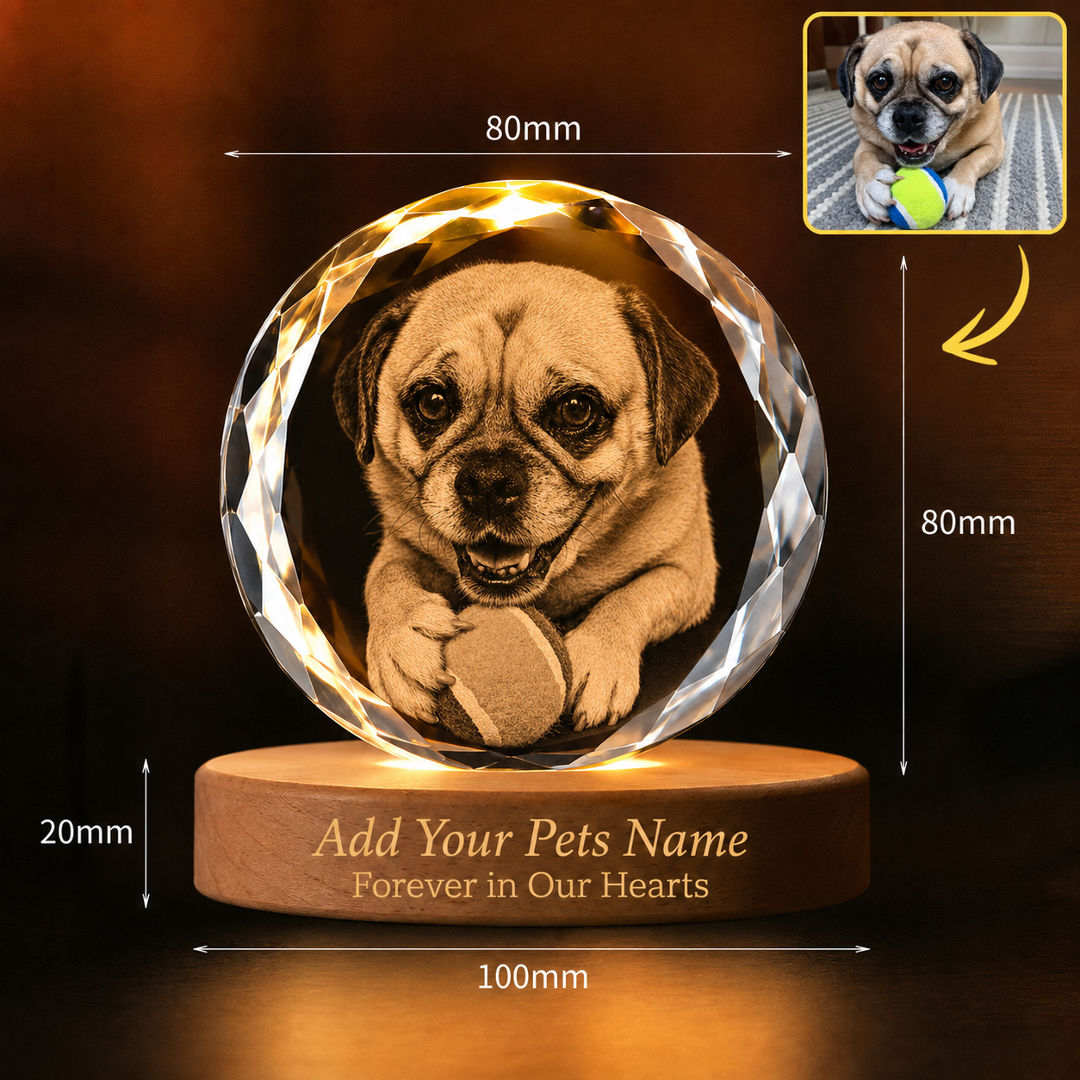 Personalised Round Faceted 3D Crystal Pet Ornament (Pet Photo & Name)