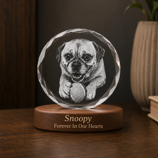 Personalised Round Faceted 3D Crystal Pet Ornament (Pet Photo & Name)