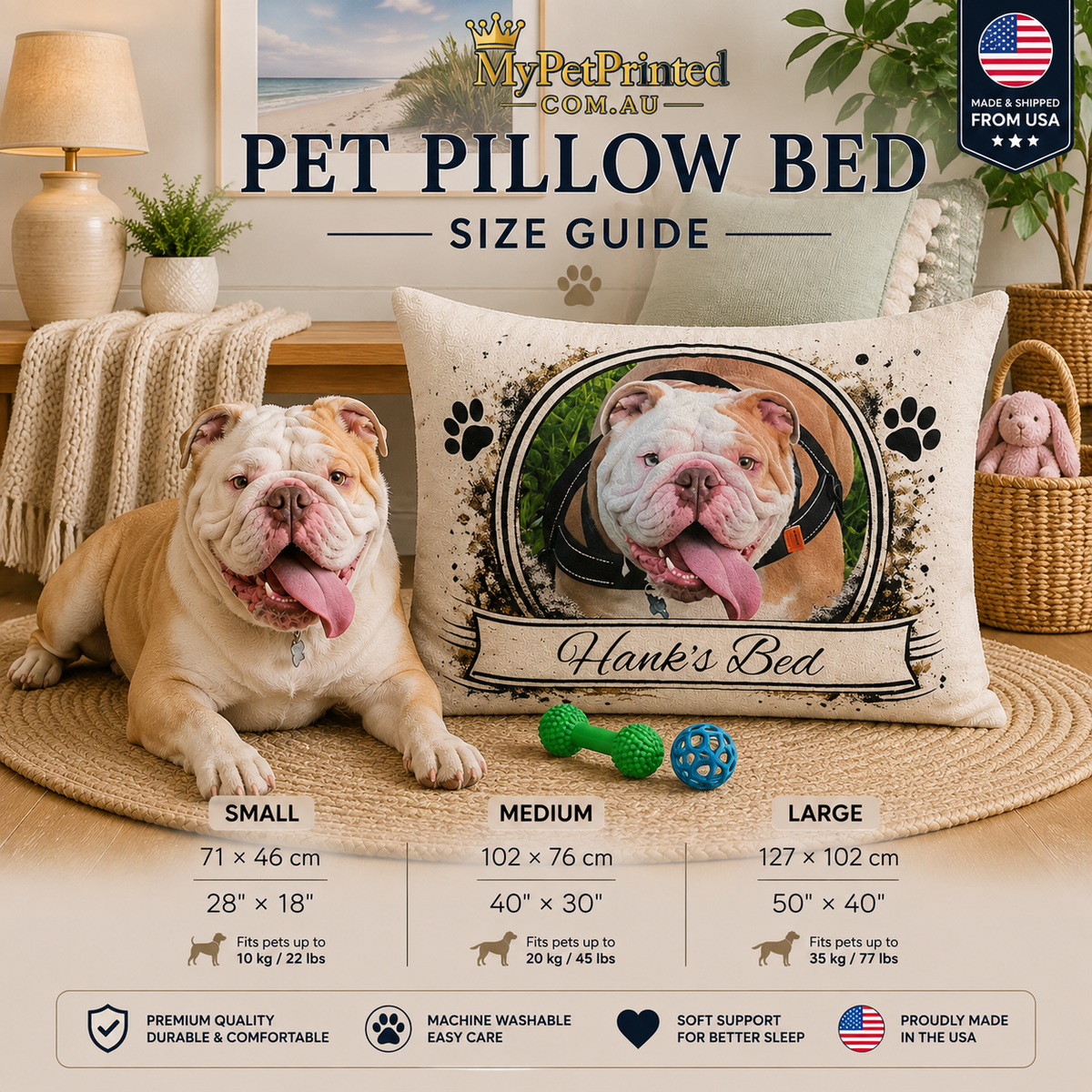 Personalised Pet Bed (Dog or Cat) with Photo & Name – Custom Pet Bed (Rustic Vintage Design)