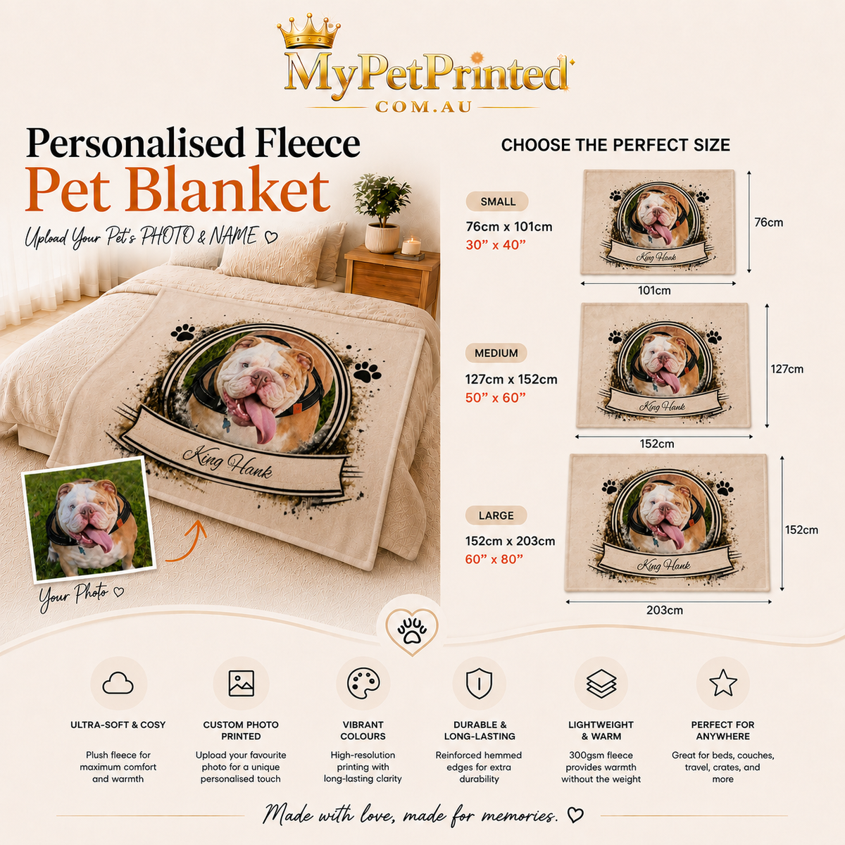Personalised Rustic Design, Fleece Pet Blanket (Pet Name & Photo)