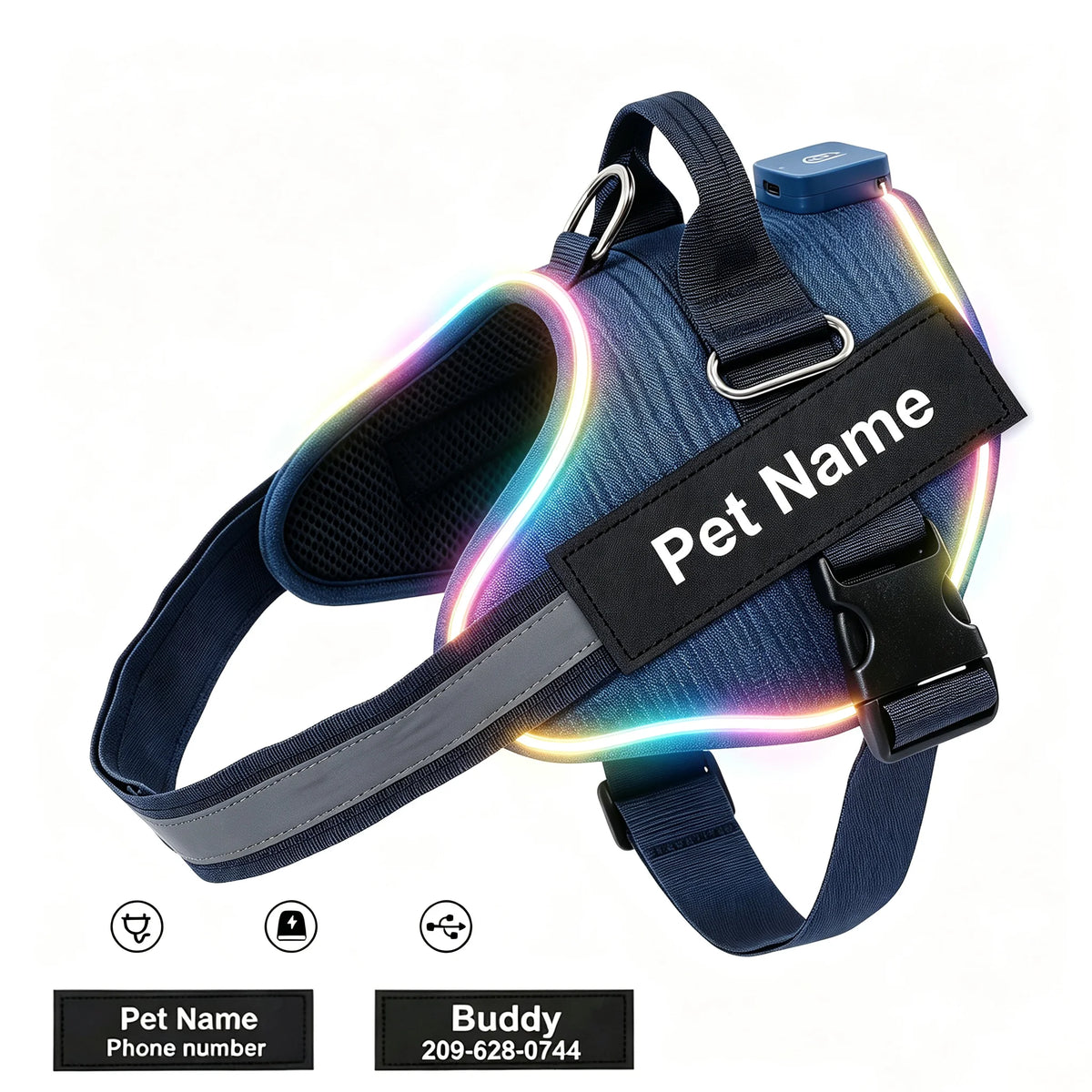 Personalised LED Light-Up Dog Harness (Pet Name & Phone)