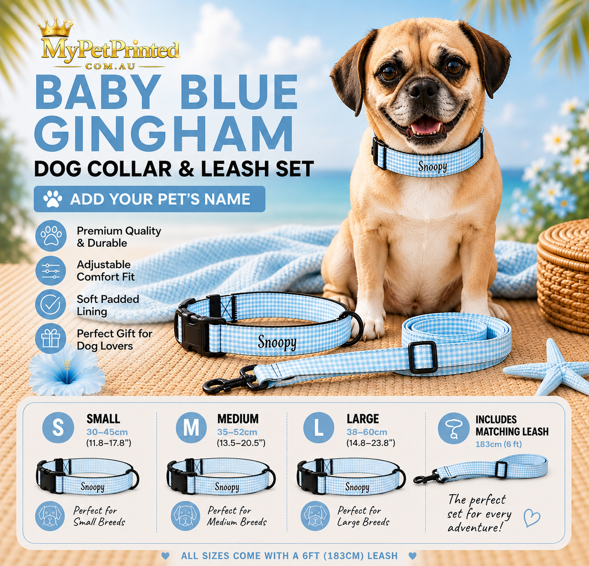 Personalised Pet Collar & Leash Set - Baby Blue Gingham (Pet Name)