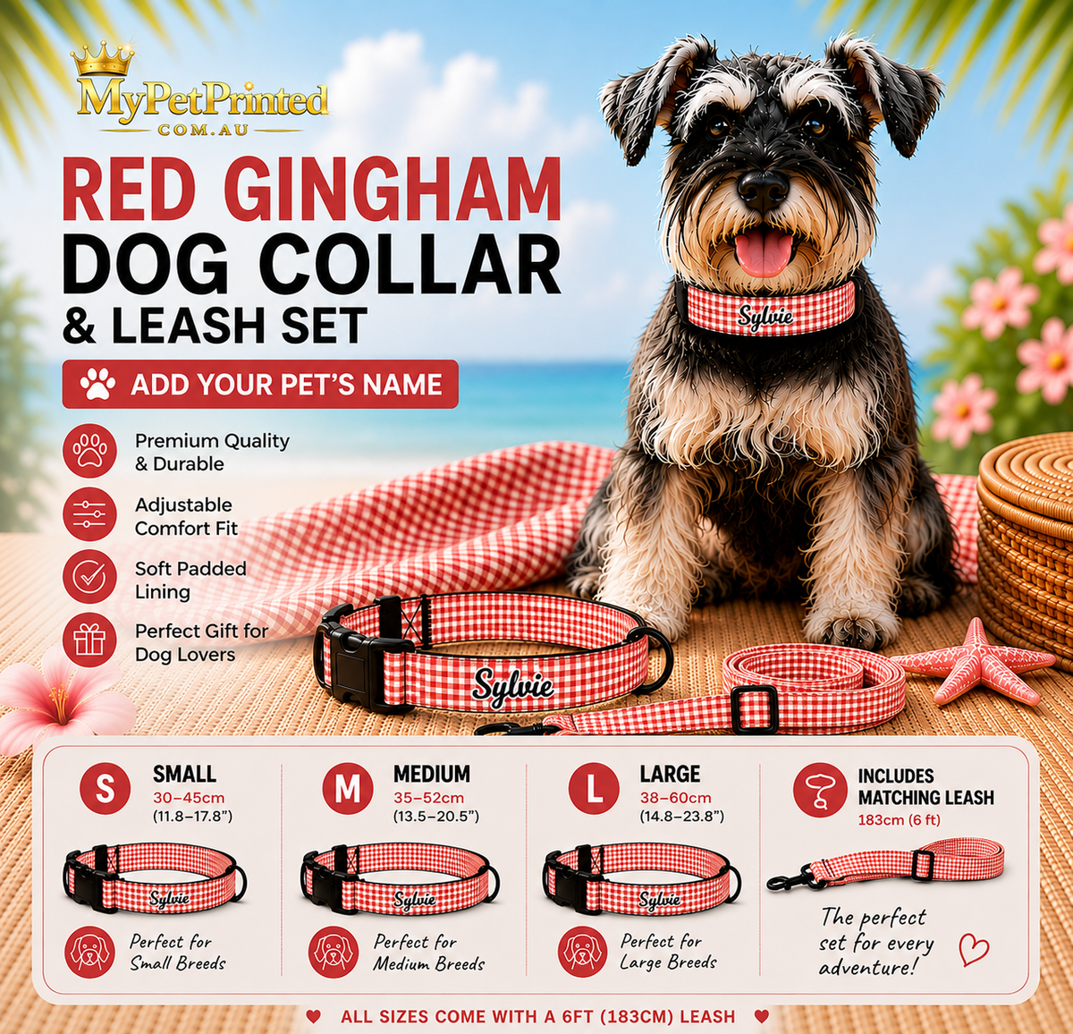 Personalised Pet Collar & Leash Set - Red Gingham (Pet Name)