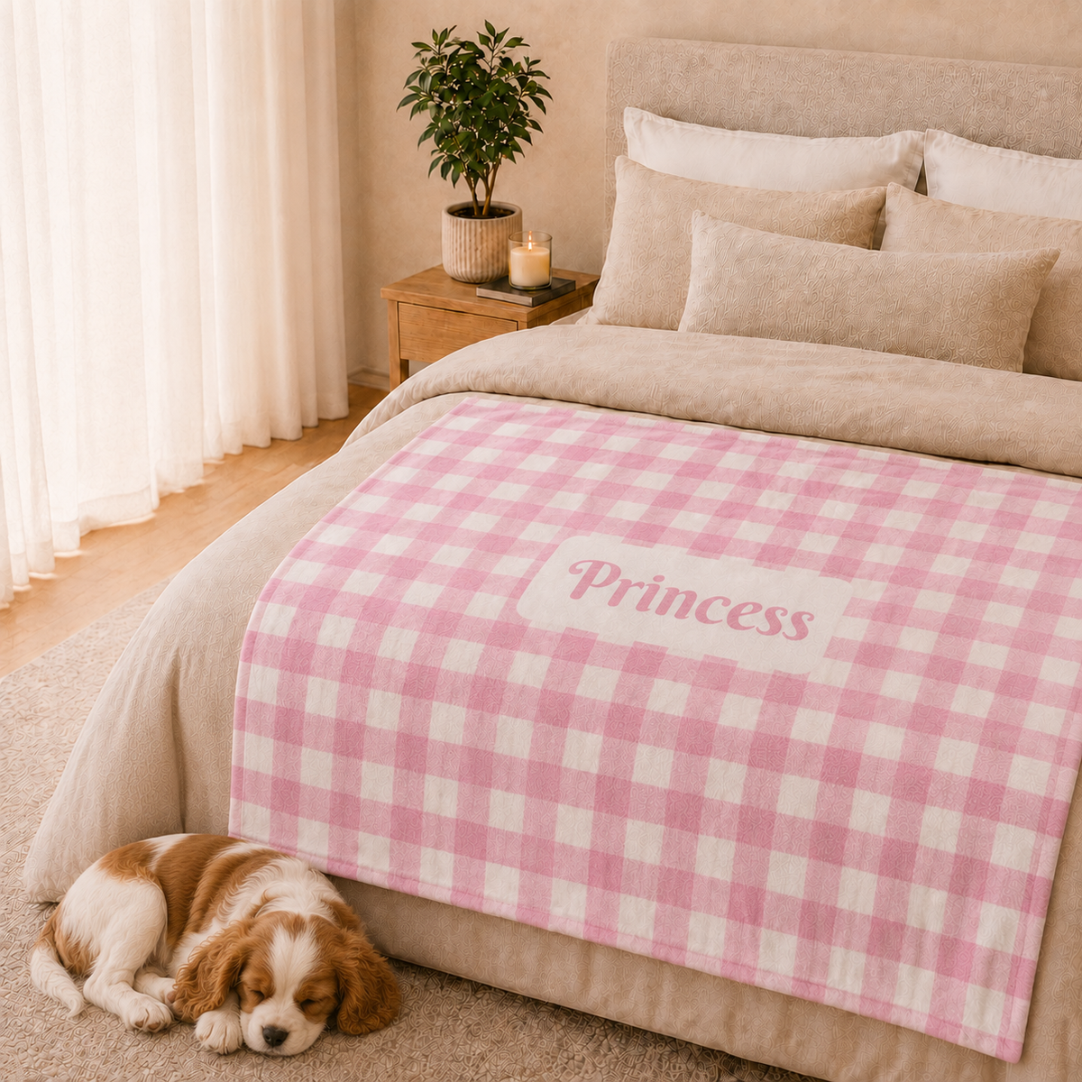 Personalised Baby Pink Gingham Fleece Pet Blanket (Pet Name)