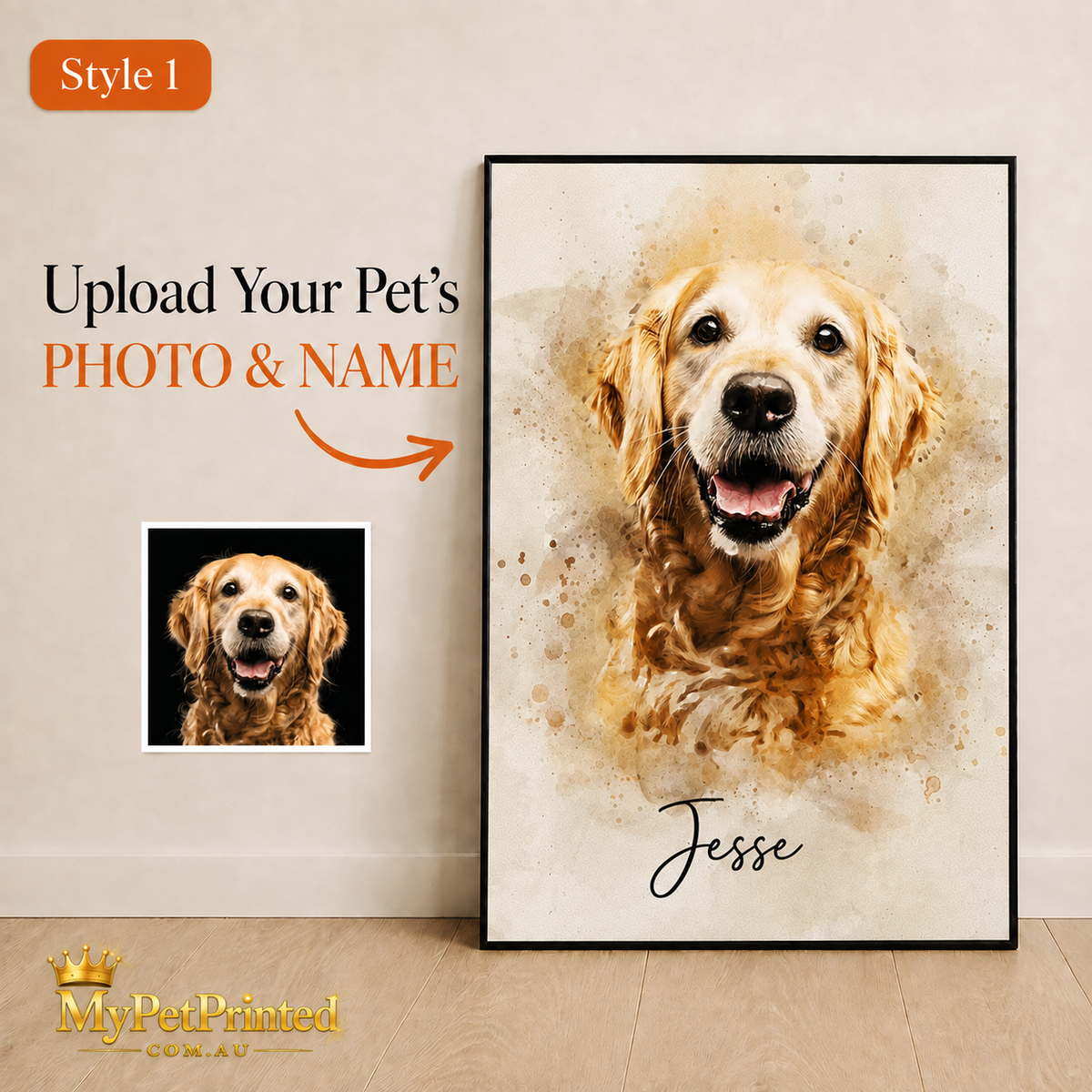 Personalised Watercolour Pet Portrait Canvas Print (Pet's Name & Image)