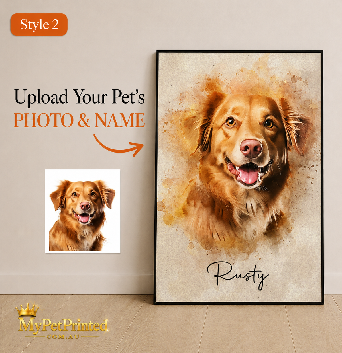 Personalised Watercolour Pet Portrait Canvas Print (Pet's Name & Image)