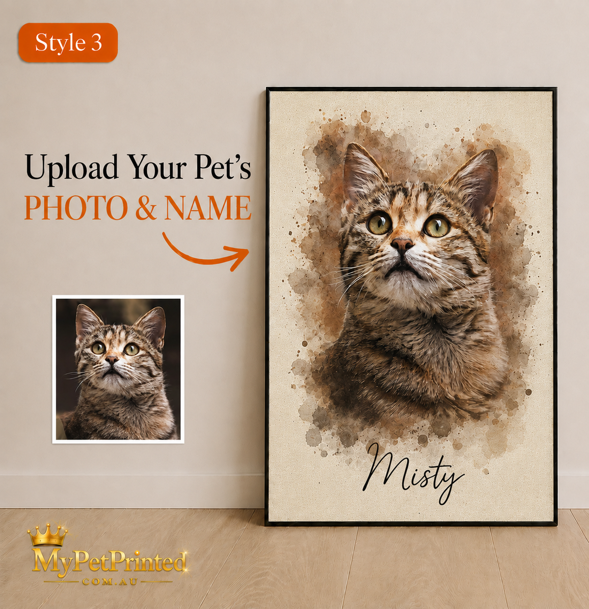 Personalised Watercolour Pet Portrait Canvas Print (Pet's Name & Image)