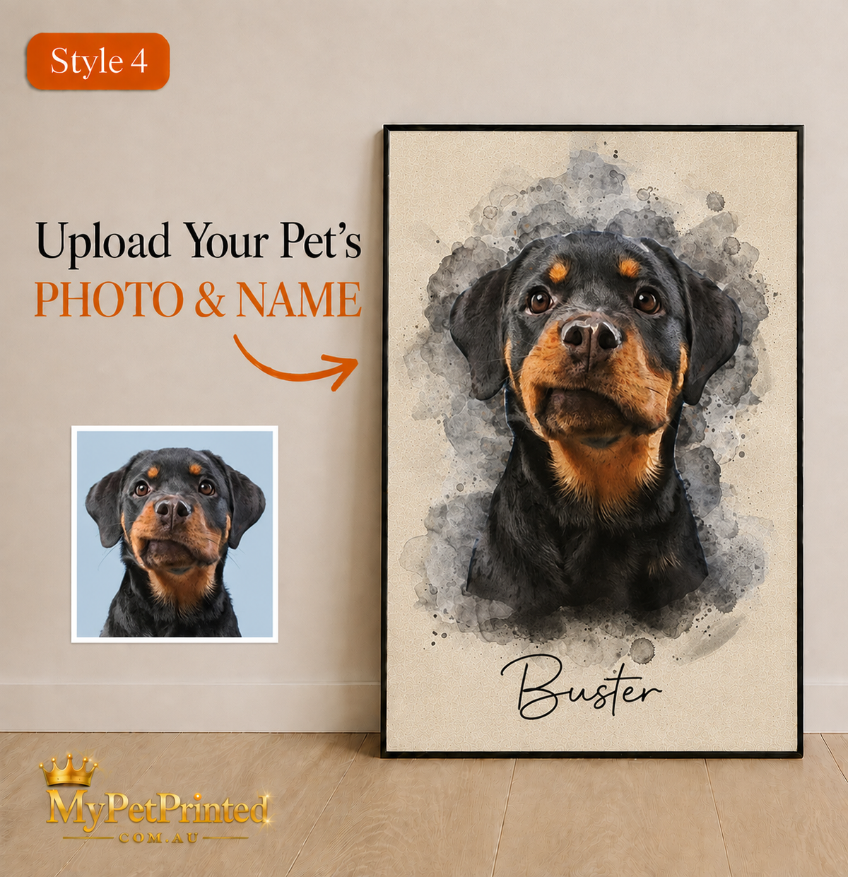 Personalised Watercolour Pet Portrait Canvas Print (Pet's Name & Image)