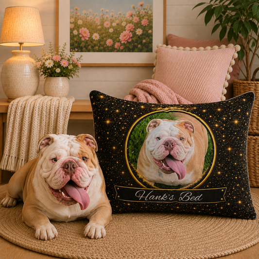 Personalised Pet Bed (Dog or Cat) with Photo & Name – Custom Pet Bed (Golden Twilight Design)