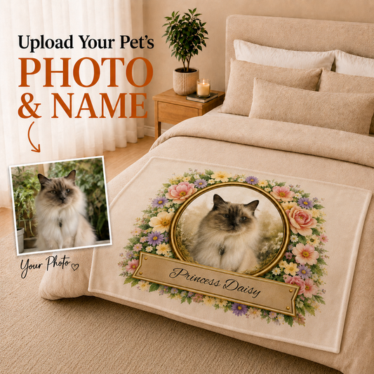 Personalised Floral Design, Fleece Pet Blanket (Pet Name & Photo)