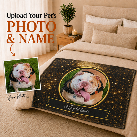 Personalised Golden Twilight Design, Fleece Pet Blanket (Pet Name & Photo)