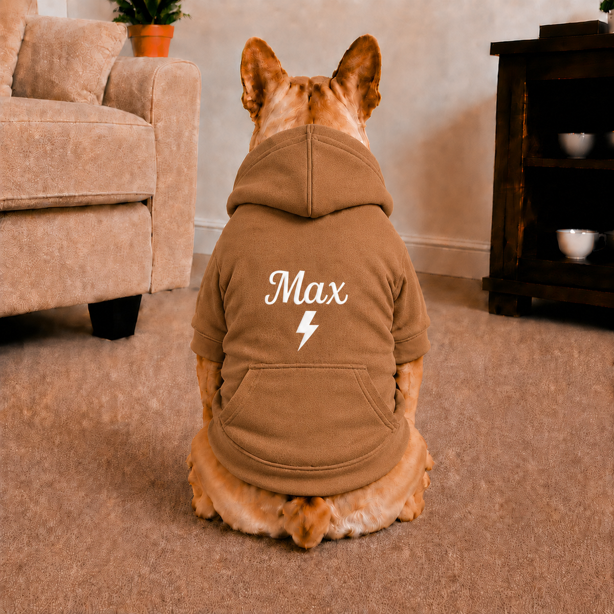 Pet Hoodie with Personalised Embroidery (White Name & Thunder Bolt)