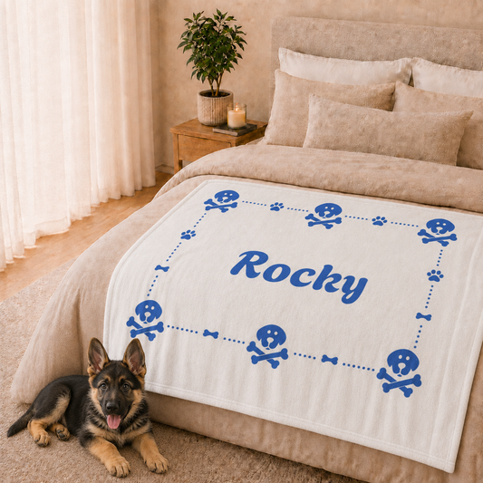 Personalised Fleece Pet Blanket, White with Blue Dog Cross Bone (Pet Name)
