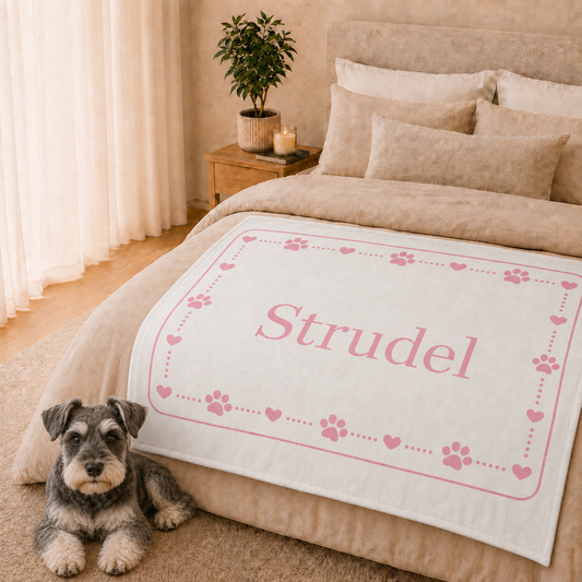Personalised Fleece Pet Blanket, White with Soft Pink Paw & Heart (Pet Name)