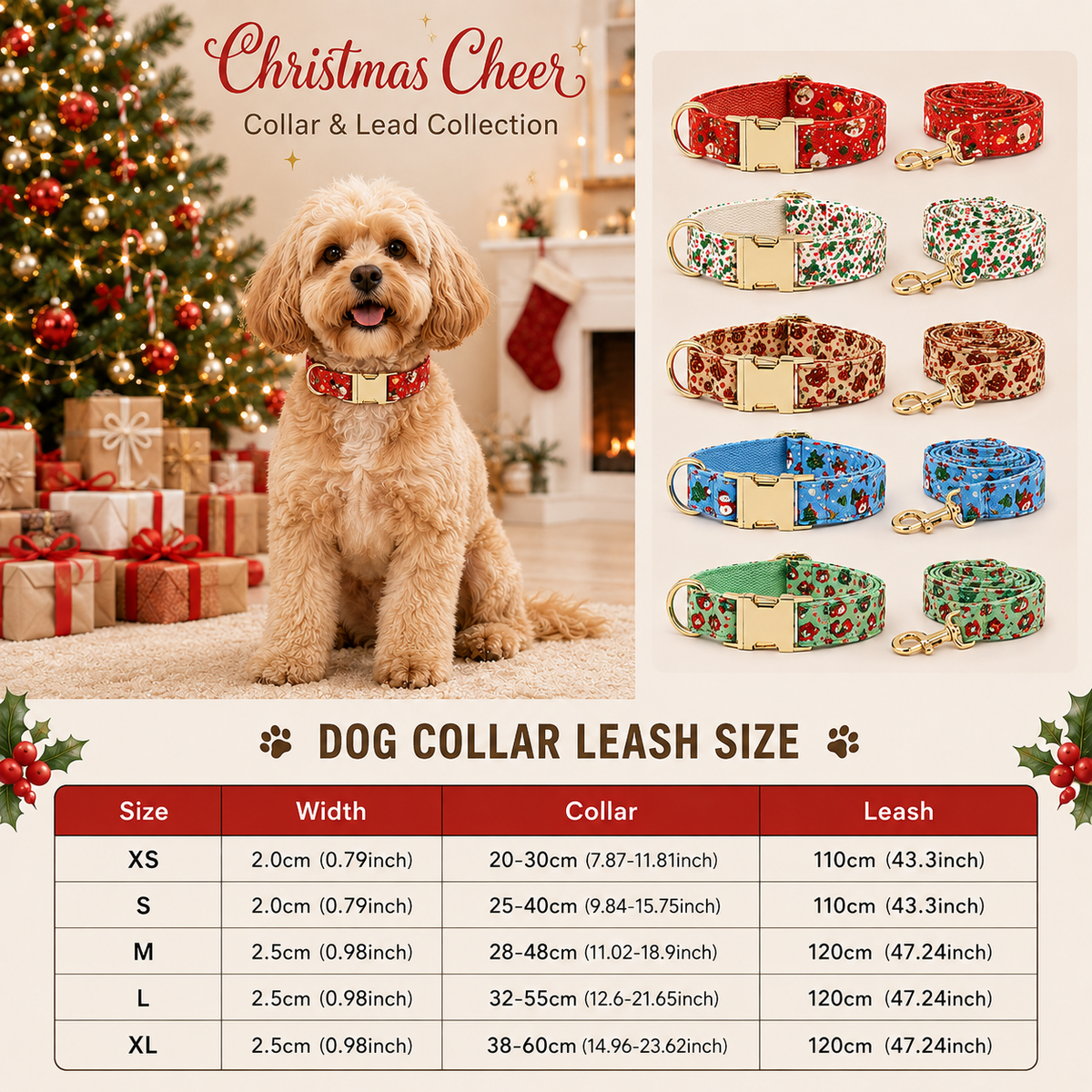 Personalised Christmas Dog Collar & Leash: Engraved Golden Buckle (Pets Name & Phone)