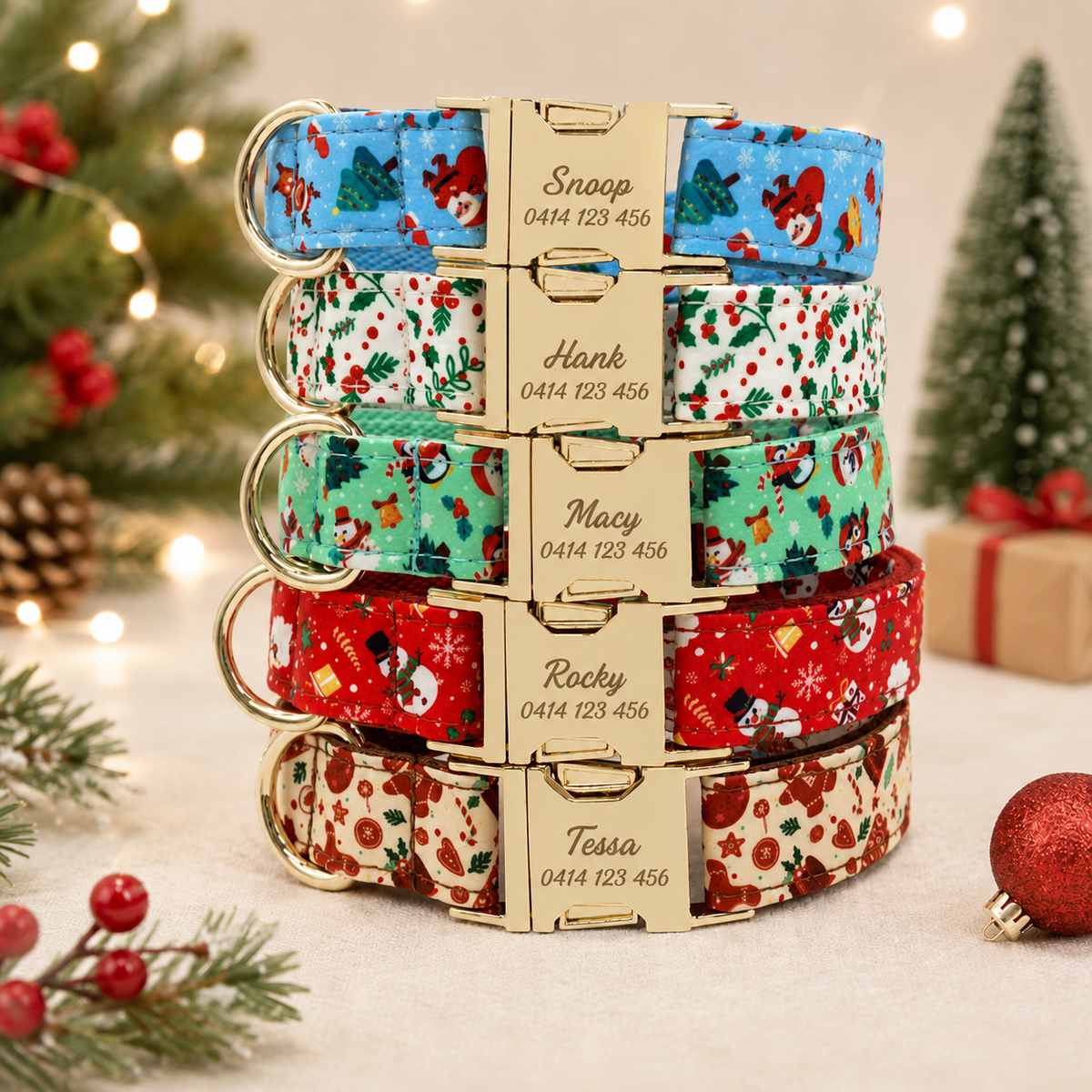 Personalised Christmas Dog Collar & Leash: Engraved Golden Buckle (Pets Name & Phone)
