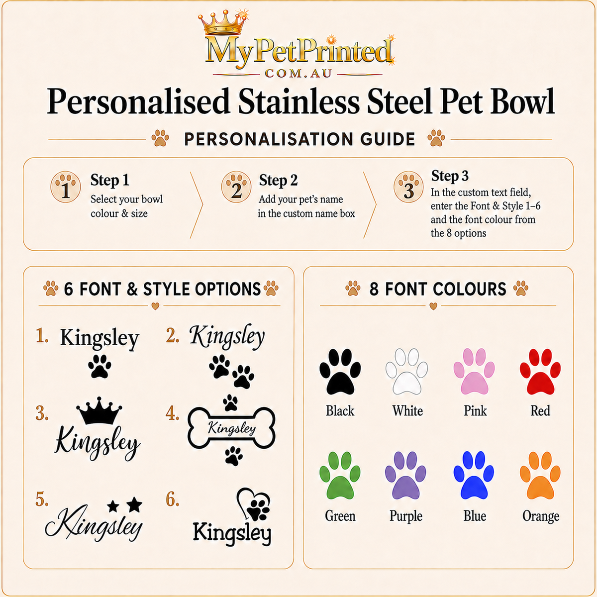 Personalised Dog Bowl Stainless Steel Colour Range (Pets Name & Design)
